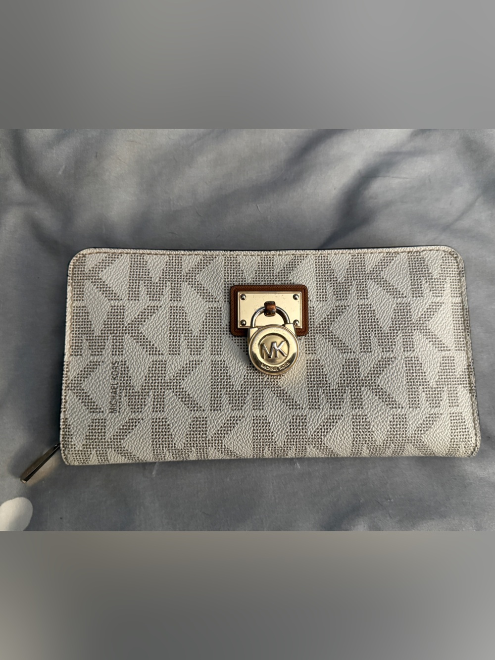 Michael Kors Gray and White Monogram Zip Wallet with Gold Charm